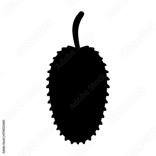 Silhouette of durian tropical fruit icon-Black silhouette illustration of a durian fruit with spiky texture and stem, symbolizing exotic tropical food, farming, and nutrition.