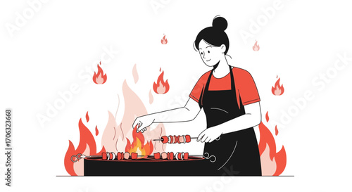 Woman Grilling Delicious Food Over Flames, Summer Cooking Fun, BBQ Party Preparation