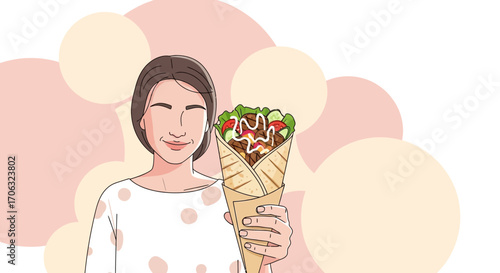 Woman Holding a Wrapped Sandwich; A Delightful Meal Illustration with a Pleasant Expression