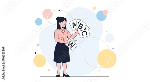 Woman Holding Alphabet Cards Illustrating Education And Early Learning Concepts