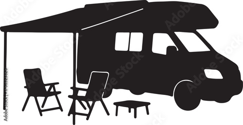 Camper Van Silhouette with Awning Camping Setup Vector Illustration for Vanlife Outdoor Lifestyle