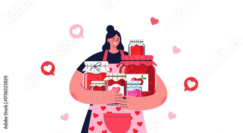 Woman Holding Assortment Of Delicious Jams With Lovely Heart Symbols All Around, Beautiful Design