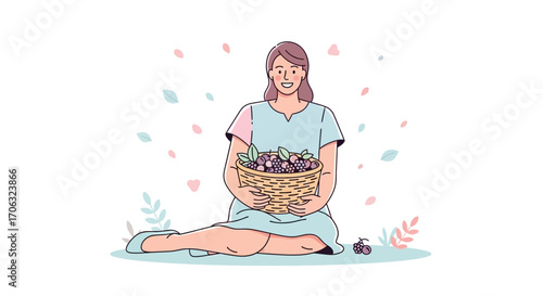 Woman Holding Basket Of Grapes Smiling In A Serene And Warm Outdoor, Peaceful Feeling