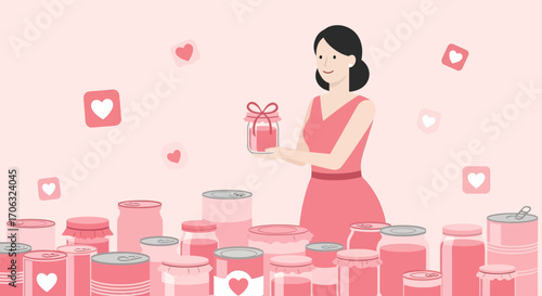 Woman Holding Gift Jar Surrounded By Canned Goods And Floating Hearts Of Like Symbolism