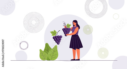 Woman Holding Grape Bunches, Elegant Design and Illustrative Composition, Vector
