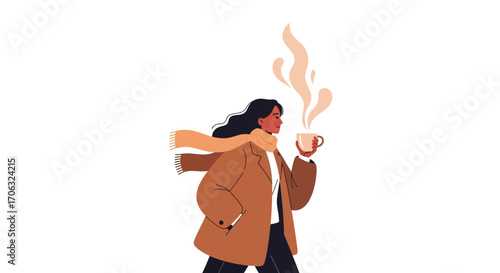 Woman In Coat Enjoys Coffee In Winter, Warm Drink And Cozy Autumn Scene