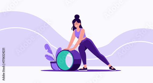 Woman in Fitness Outfit Exercising with a Fitness Wheel in a Modern Illustration