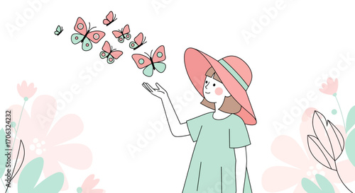 Woman in Hat Interacts With Butterflies in a Whimsical And Dreamy illustration