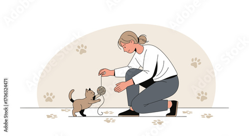 Woman Interacts Joyfully With Playful Domestic Cat During Indoor Leisure Time