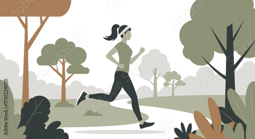 Woman Joyfully Running Through Serene Park: Exercise, Health, And Wellness Concept