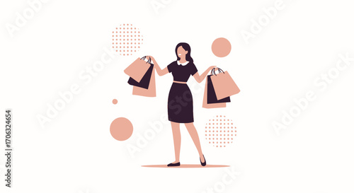 Woman Joyfully Shopping And Carrying Shopping Bags In A Minimalist Illustration Style