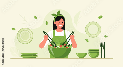 Woman Making Fresh Salad In Kitchen, Delicious and Healthy Eating Illustration