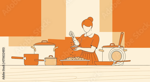 Woman Making Food in Kitchen, Illustration of Cooking and Preparing Ingredients