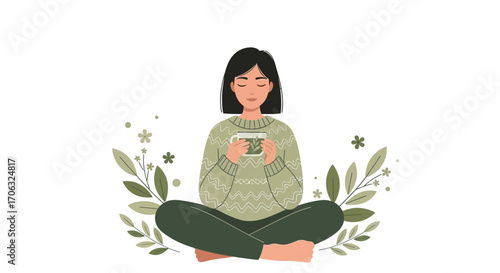 Woman Meditating And Enjoying A Cup Of Tea Surrounded By Simple Green Flowers