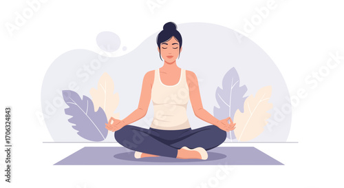 Woman Meditating Effortlessly, Showing Serene Posture, Promoting Mental Tranquility And Calm