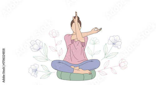 Woman Meditating in Lotus Position Amidst Floral Elements, Promoting Relaxation and Well-being