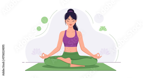 Woman Meditating In Yoga Pose, Practicing Mindful Breathing For Relaxation And Wellness