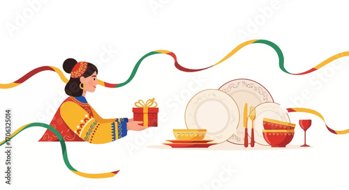 Woman Offering Box Next To Tableware With Decorative Ribbons And A Festive Arrangement