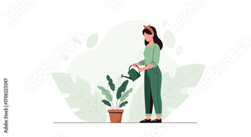 Woman Nurturing Plant: A Delicate Moment Depicting Home Gardening and Botanical Cultivation