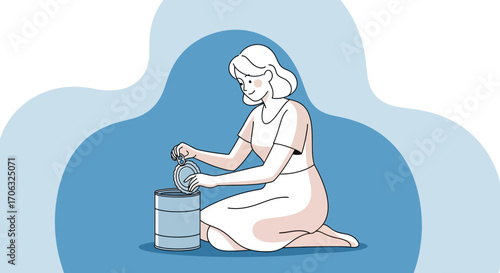 Woman Opening Canned Goods Illustration Depicting Simple Food Preparation and Everyday Mealtime