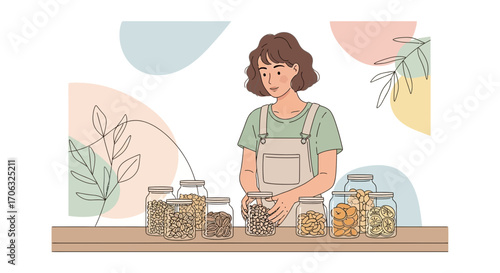 Woman Organizes A Collection Of Food Inside Glass Containers For Pantry Organization