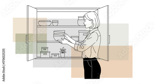 Woman Organizes Cupboard, Arranging Bowls And Household Items, Minimalist Illustration Style