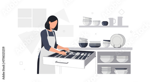 Woman Organizes Silverware Drawer In Modern Kitchen Interior With Clean Dishes