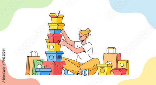Woman Organizes Stacked Food Delivery Containers, Symbolizing Convenience And Takeout Orders