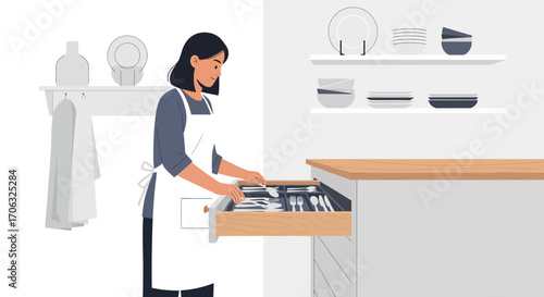 Woman Organizes Utensils in Kitchen Drawer, Home Lifestyle And Everyday Domestic Chores