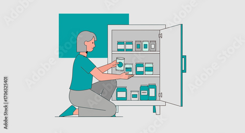 Woman Organizing Pantry with Jars and Containers in a Minimalist Illustration Style
