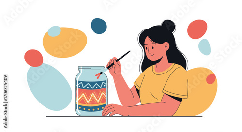 Woman Painting Decorative Jar with Brush, Artistic Design, Skillful Crafting, Creative Decor