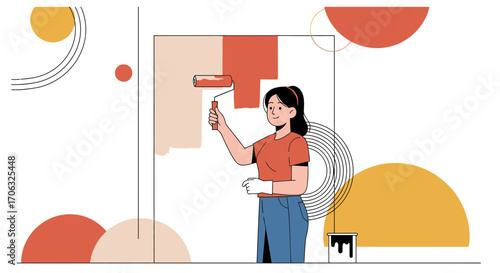 Woman Painting Wall: A Colorful Illustration Of Renovation And Home Improvement
