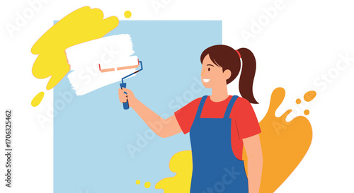 Woman Painting Wall With Roller In Home Decoration, Lifestyle and Living