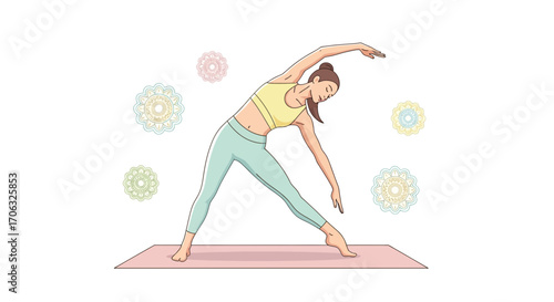 Woman Performing Yoga Pose on Mat with Floral Background, Healthy Lifestyle Concept