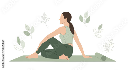 Woman Performing Yoga Pose On Mat With Leaves, Healthy Lifestyle Illustration