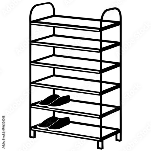 Black silhouette of a multi tiered shoe rack with two pairs of shoes on the bottom shelves isolated on white background