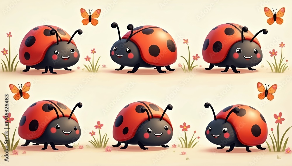 Obraz premium Cute cartoon ladybugs explore whimsical garden with butterflies. Adorable insects in various playful poses amidst flora. Vibrant, colorful illustration, ideal for children content, representing