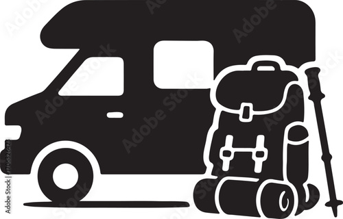 Camper Van Silhouette with Hiking Gear Outdoor Exploration Vector Illustration for Vanlife Travel