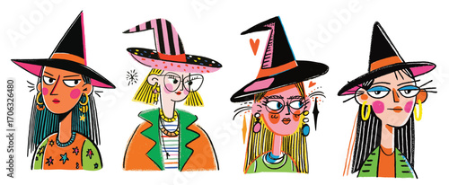 Colorful doodle illustration of quirky Halloween witches in hand drawn cartoon style