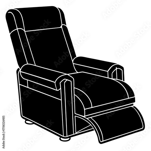Comfortable recliner chair with extended footrest in a bold black silhouette isolated on white background