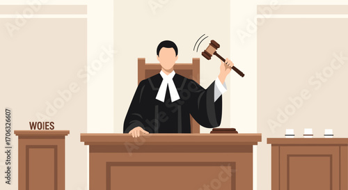 Illustration of a judge in a courtroom holding a gavel ready to make a ruling