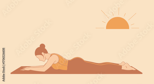 Woman Performs Yoga, Facing Downward With Sunrise Background, on Beige Mat