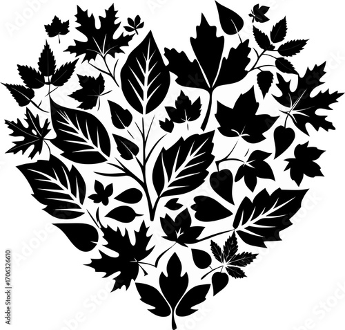 Autumn leaves forming the shape of a heart. silhouette  vector black , white background 