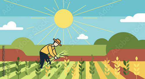 Illustration of a farmer harvesting crops in a field under a sunny sky with clouds