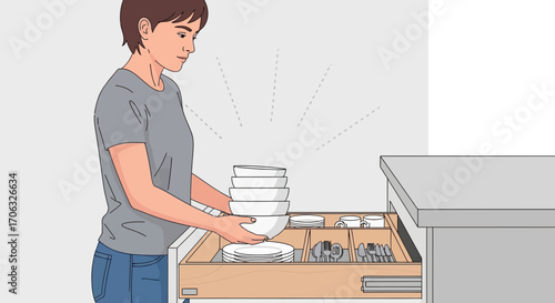 Woman Placing Stacked Bowls into a Kitchen Drawer Preparing Meals and Cleanliness