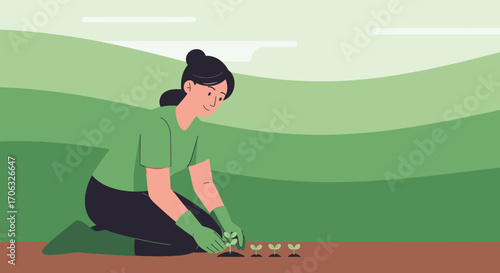 Woman Planting Seedlings on a Rural Terrain Preparing Fresh Greenery for Growth