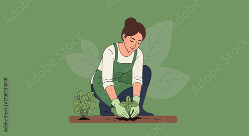 Woman Planting Herbs in The Garden: A Peaceful Moment Among Greenery