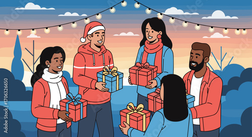 Group of friends exchanging christmas gifts outdoors under string lights at dusk