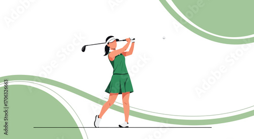 Woman Playing Golf and Showing The Swing of The Golf Club Against Green Background