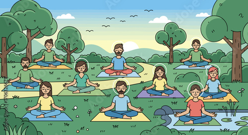 Group of people meditating outdoors in a park with trees and a pond scene